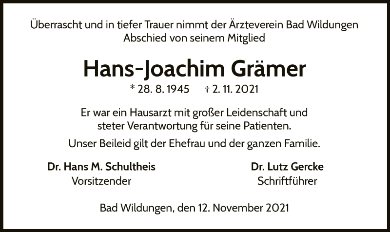  Traueranzeige für Hans-Joachim Grämer vom 12.11.2021 aus WLZ