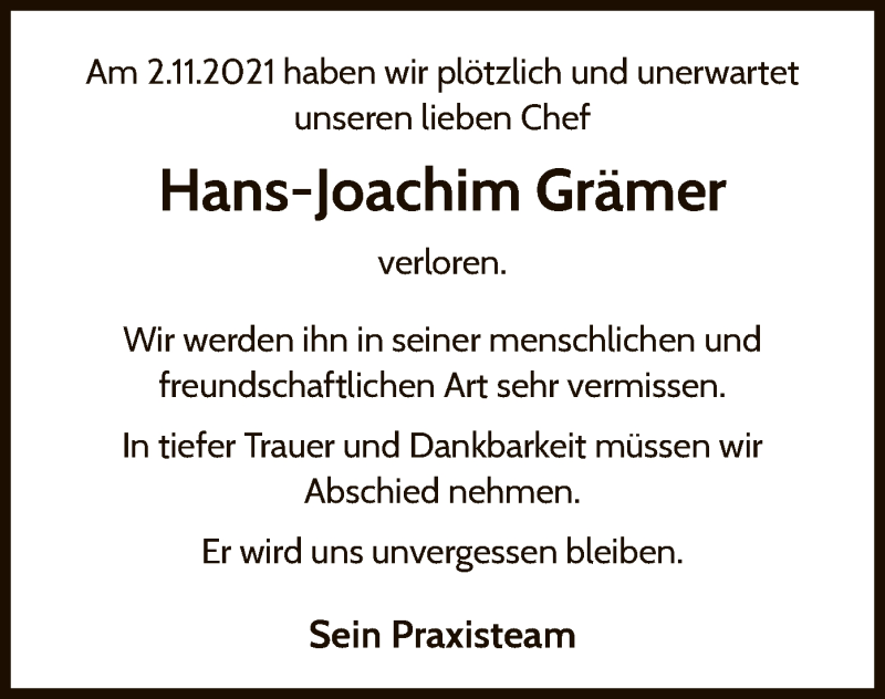  Traueranzeige für Hans-Joachim Grämer vom 13.11.2021 aus WLZ