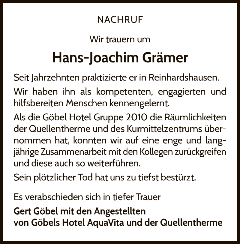  Traueranzeige für Hans-Joachim Grämer vom 18.11.2021 aus WLZ