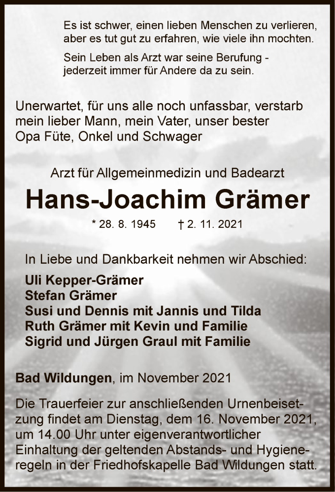  Traueranzeige für Hans-Joachim Grämer vom 10.11.2021 aus WLZ