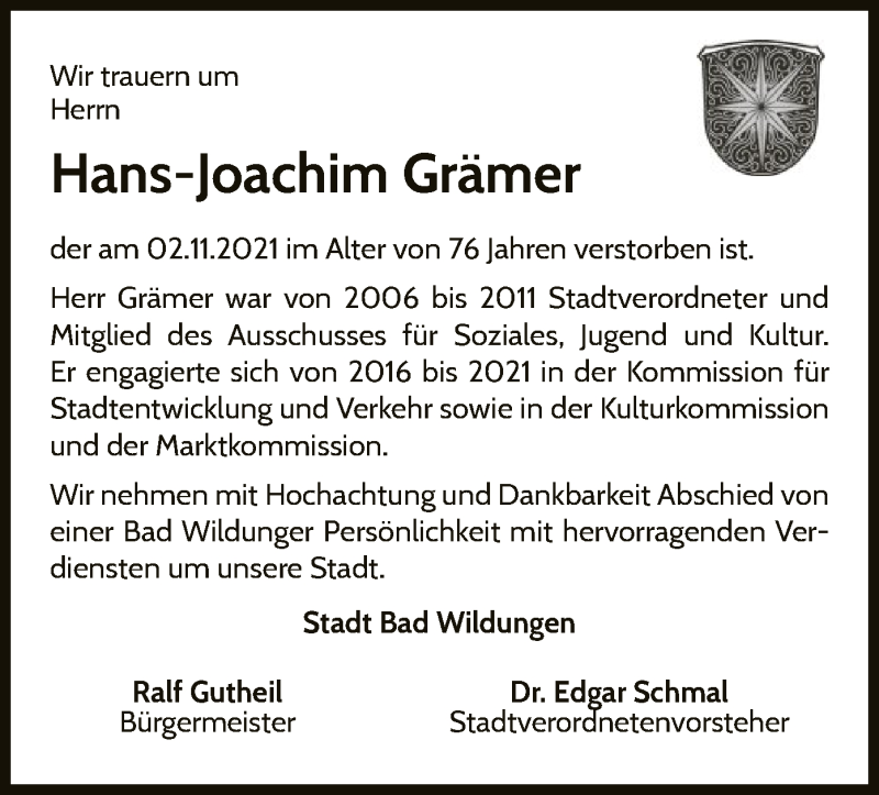  Traueranzeige für Hans-Joachim Grämer vom 16.11.2021 aus WLZ