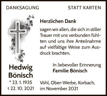 Traueranzeige von Hedwig Bönisch von WLZ