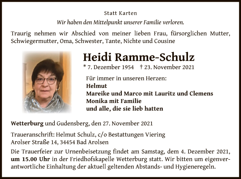  Traueranzeige für Heidi Ramme-Schulz vom 27.11.2021 aus WLZ