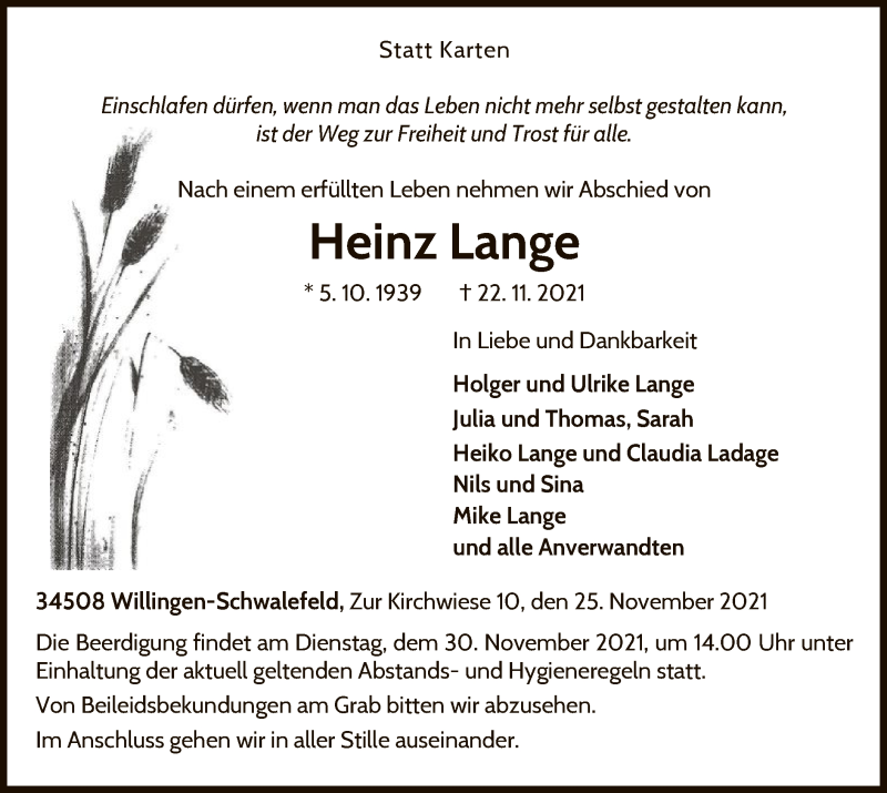 Traueranzeige für Heinz Lange vom 25.11.2021 aus WLZ