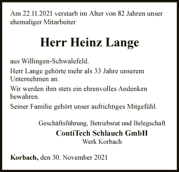 Traueranzeige von Heinz Lange von WLZ