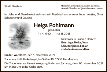 Traueranzeige von Helga Pohlmann von WLZ