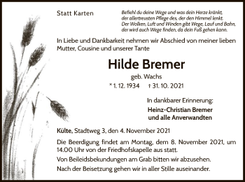 Traueranzeige von Hilde Bremer von WLZ