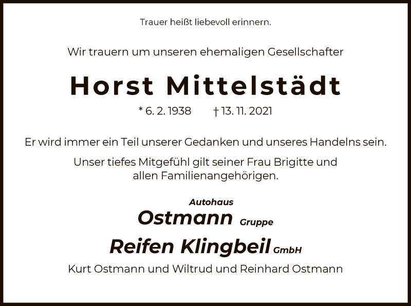  Traueranzeige für Horst Mittelstädt vom 19.11.2021 aus HNA