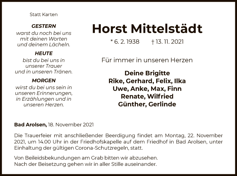  Traueranzeige für Horst Mittelstädt vom 18.11.2021 aus HNA