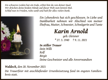 Traueranzeige von Karin Arnold von WLZ