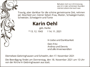 Traueranzeige von Karin Oehl von WLZ