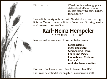 Traueranzeige von Karl-Heinz Hempeler von WLZ