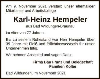 Traueranzeige von Karl-Heinz Hempeler von WLZ