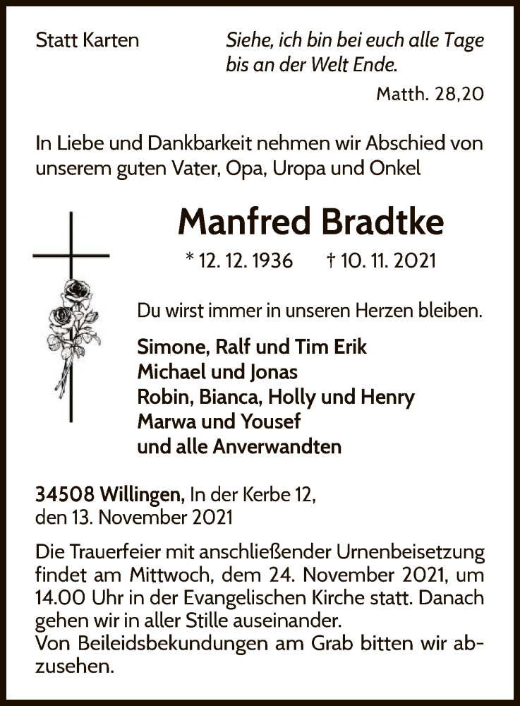  Traueranzeige für Manfred Bradtke vom 13.11.2021 aus WLZ