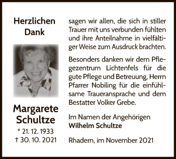 Traueranzeige von Margarete Schultze von WLZ