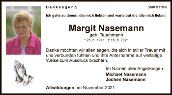 Traueranzeige von Margit Nasemann von WLZ