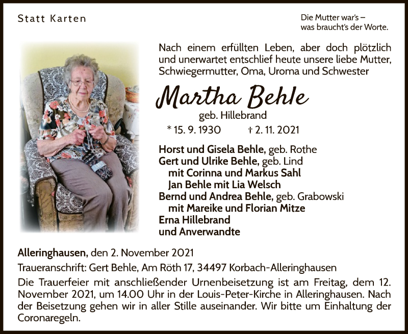  Traueranzeige für Martha Behle vom 05.11.2021 aus WLZ