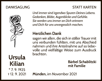 Traueranzeige von Ursula Kilian von WLZ