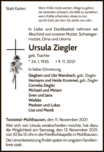 Traueranzeige von Ursula Ziegler von WLZ