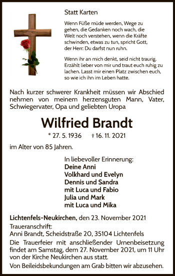 Traueranzeige von Wilfried Brandt von WLZ