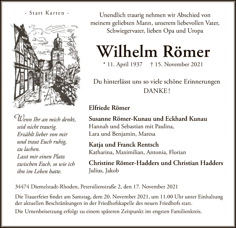  Traueranzeige für Wilhelm Römer vom 17.11.2021 aus WLZ