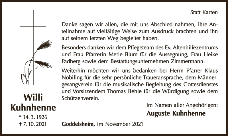  Traueranzeige für Willi Kuhnhenne vom 20.11.2021 aus WLZ