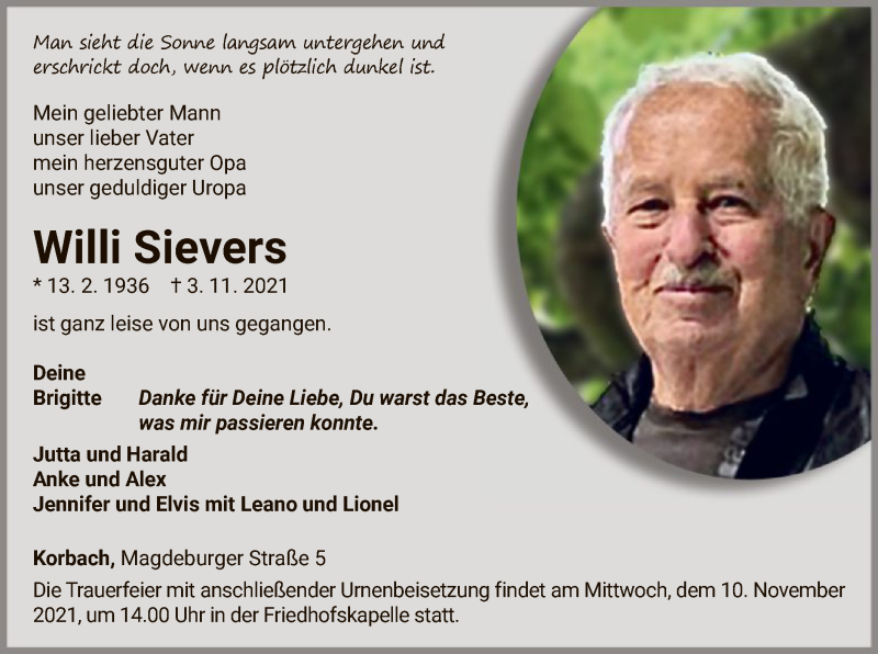  Traueranzeige für Willi Sievers vom 06.11.2021 aus WLZ