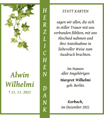 Traueranzeige von Alwin Wilhelmi von WLZ