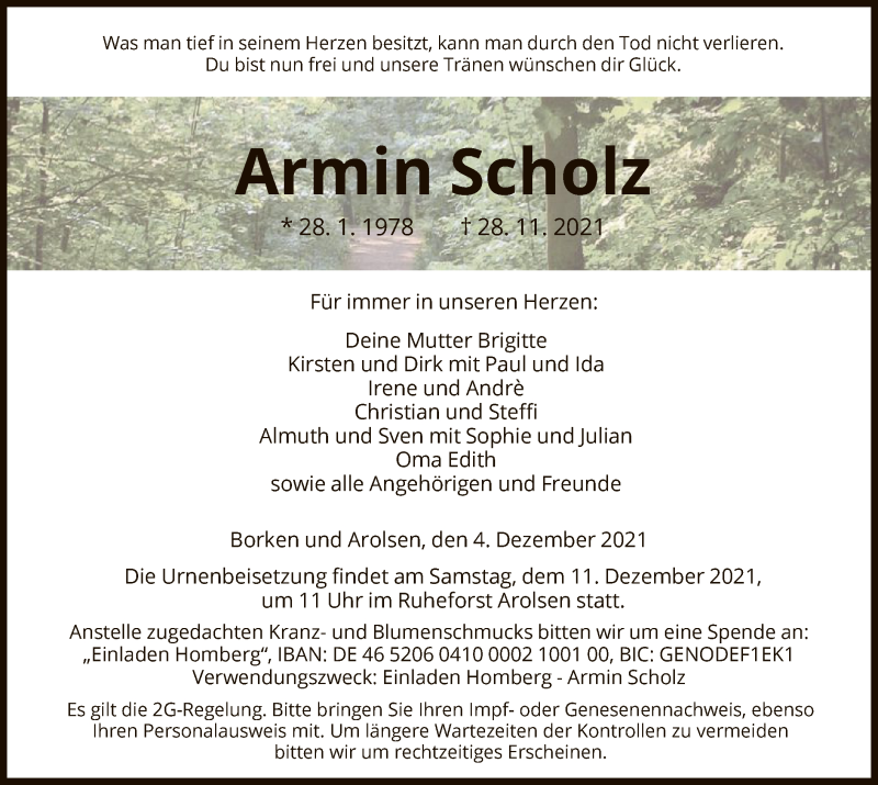  Traueranzeige für Armin Scholz vom 04.12.2021 aus HNA