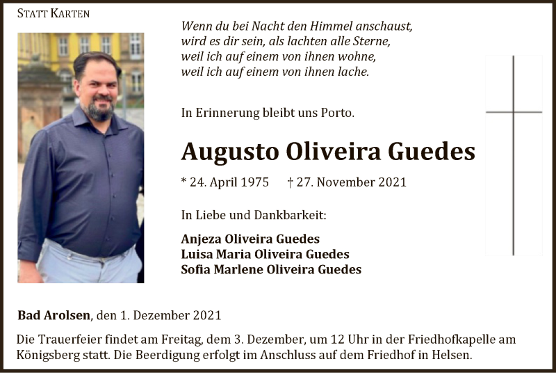  Traueranzeige für Augusto Oliveira Guedes vom 01.12.2021 aus WLZ