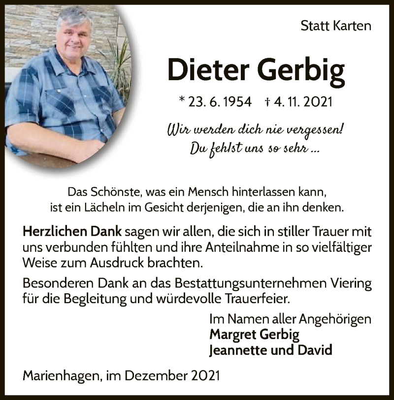  Traueranzeige für Dieter Gerbig vom 18.12.2021 aus WLZ