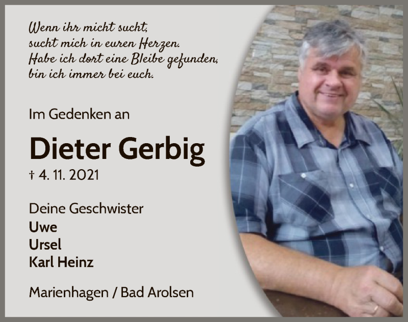  Traueranzeige für Dieter Gerbig vom 04.12.2021 aus WLZ