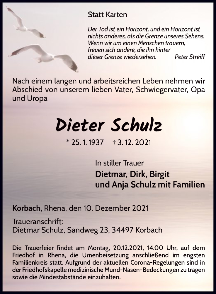  Traueranzeige für Dieter Schulz vom 10.12.2021 aus WLZ
