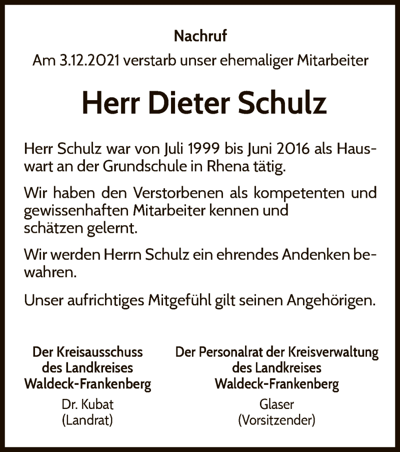  Traueranzeige für Dieter Schulz vom 11.12.2021 aus WLZ