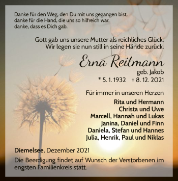 Traueranzeige von Erna Reitmann von WLZ