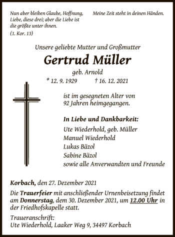Traueranzeige von Gertrud Müller von WLZ