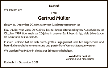 Traueranzeige von Gertrud Müller von WLZ