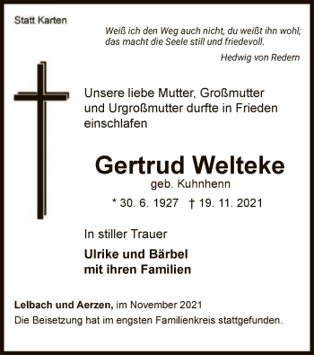 Traueranzeige von Gertrud Welteke von WLZ