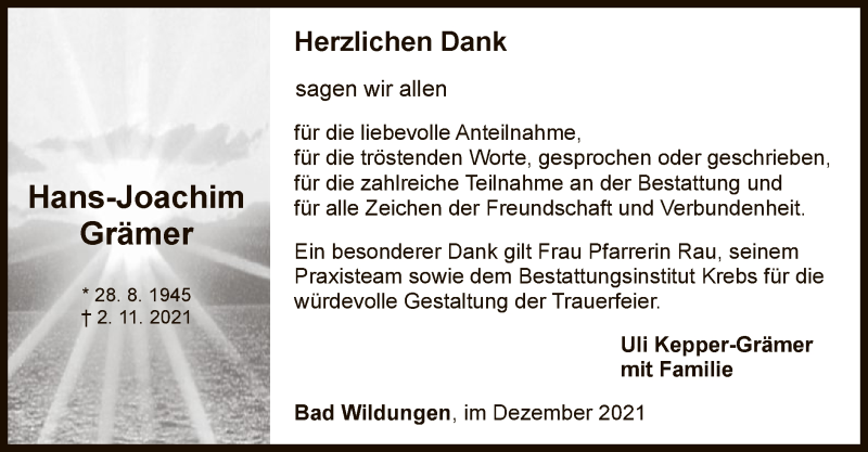  Traueranzeige für Hans-Joachim Grämer vom 18.12.2021 aus WLZ