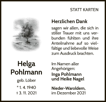 Traueranzeige von Helga Pohlmann von WLZ