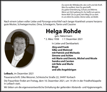 Traueranzeige von Helga Rohde von WLZ