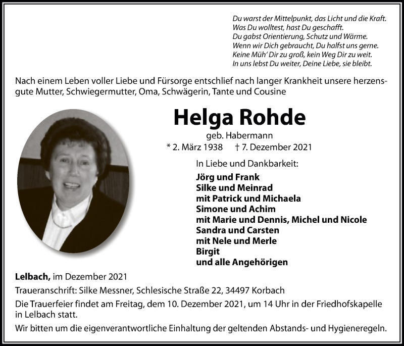  Traueranzeige für Helga Rohde vom 09.12.2021 aus WLZ