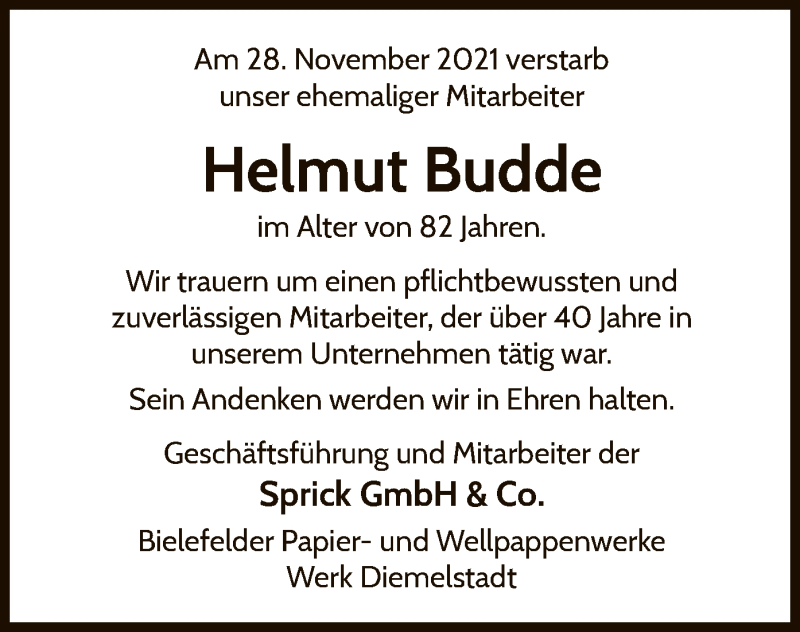  Traueranzeige für Helmut Budde vom 04.12.2021 aus WLZ