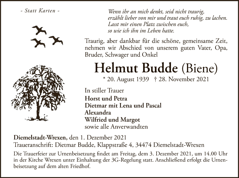  Traueranzeige für Helmut Budde vom 01.12.2021 aus WLZ