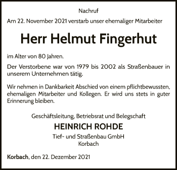 Traueranzeige von Helmut Fingerhut von WLZ