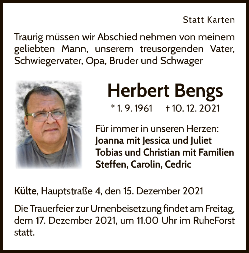  Traueranzeige für Herbert Bengs vom 15.12.2021 aus WLZ