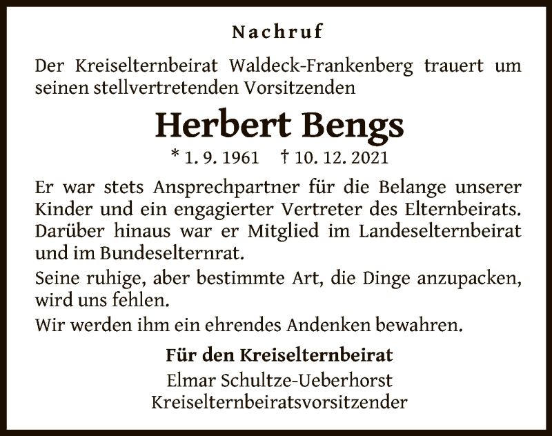  Traueranzeige für Herbert Bengs vom 18.12.2021 aus WLZ