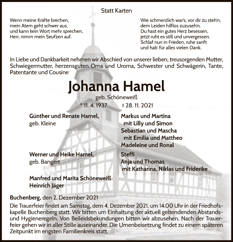  Traueranzeige für Johanna Hamel vom 02.12.2021 aus WLZ