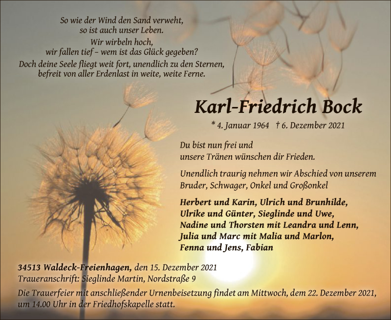  Traueranzeige für Karl-Friedrich Bock vom 15.12.2021 aus WLZ