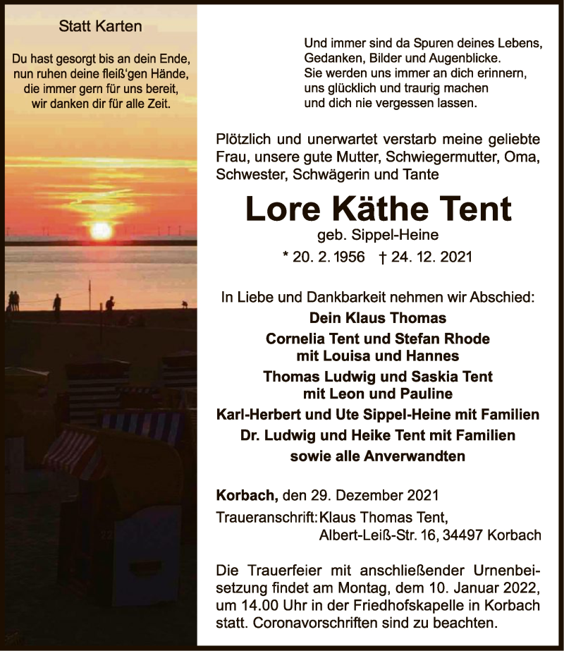  Traueranzeige für Lore Käthe Tent vom 29.12.2021 aus WLZ